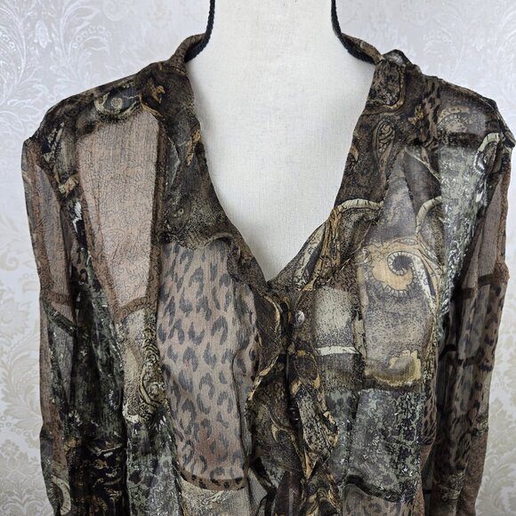 Chico's Size 2 (US Large) 100% Silk Animal Print Patchwork Blouse Ruffle Buttons - Picture 2 of 12